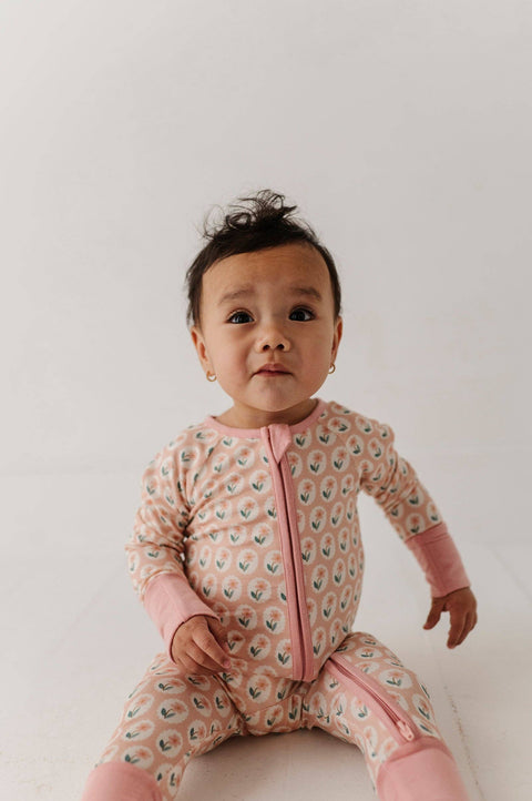 Baby Girl Long Sleeve Bamboo Zip Romper in Framed Flower