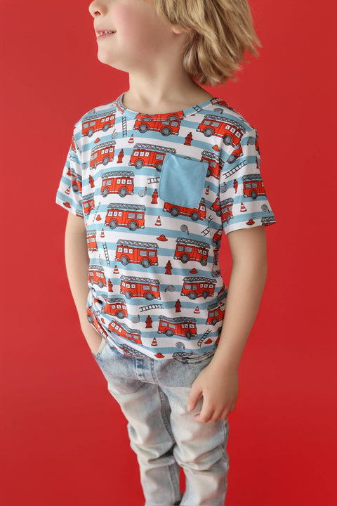 Kids Bamboo Pocket Tee - Firetruck Frenzy