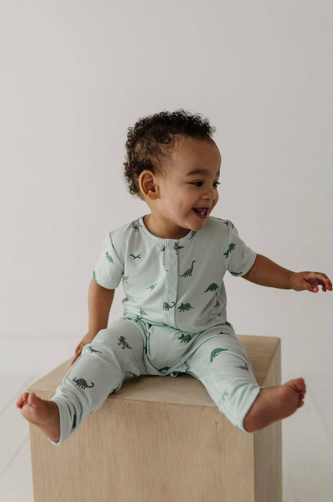 Short Sleeve Henley Romper in Dinosaur