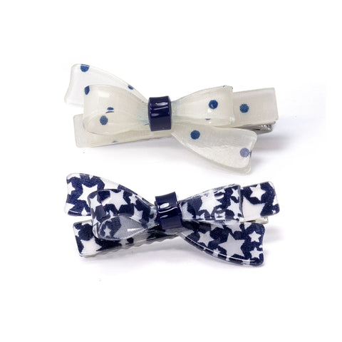 White & Navy Bows Hair Clips