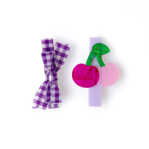 Cherry & Purple Checkered Bow Hair Clips