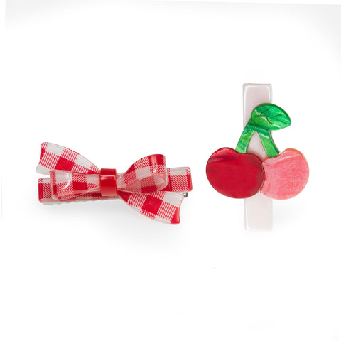 Cherry & Red Checkered Bow Hair Clips