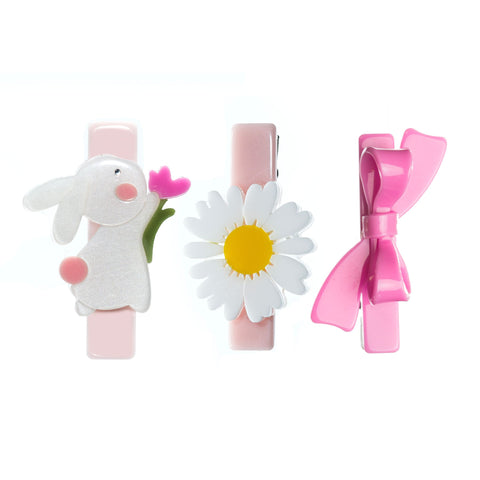 Bunny Daisy & Pink Bow Hair Clips