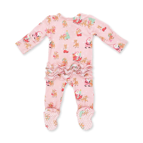 2 Way Ruffle Back Zipper Footie - Vintage Reindeer & Santa Pink