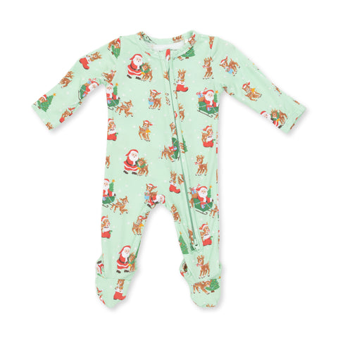 2 Way Zipper Footie - Vintage Reindeer & Santa Green