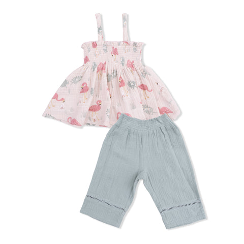 Smocked Top with Smocked Waist Pants - Flamingos