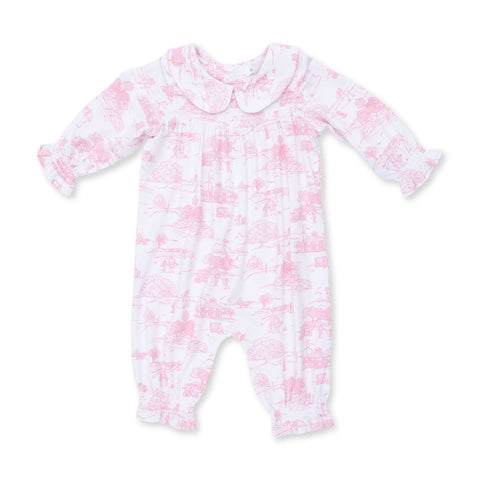 Long Sleeve Smocked Romper - Pink Golf Toile