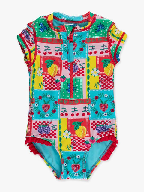 Girls Short Sleeve Half Zip One Piece Swimsuit - Picnic Party Patchwork