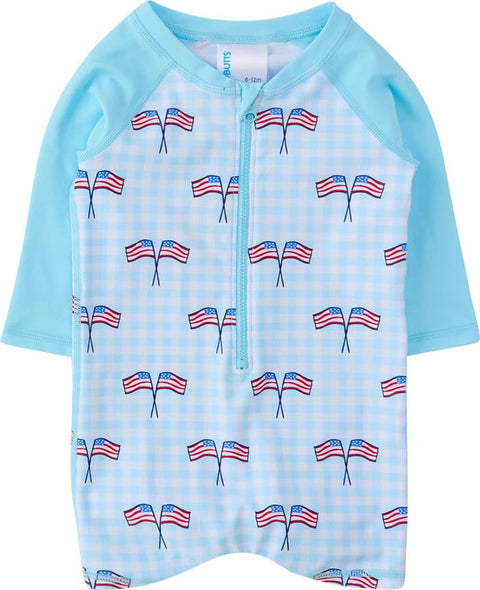 Baby Boys Long Sleeve One Piece Rash Guard Swimsuit - Blue Patriotic Gingham