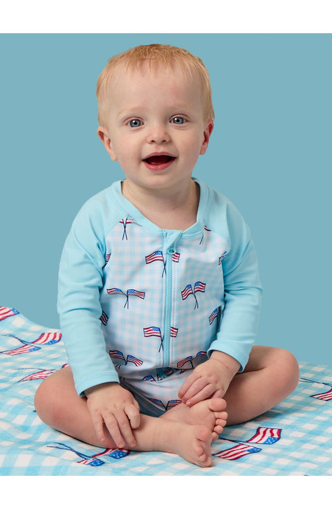 Baby Boys Long Sleeve One Piece Rash Guard Swimsuit - Blue Patriotic Gingham
