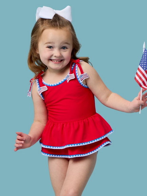 Girls Peplum One Piece Swimsuit - Vintage Red Crochet Detail