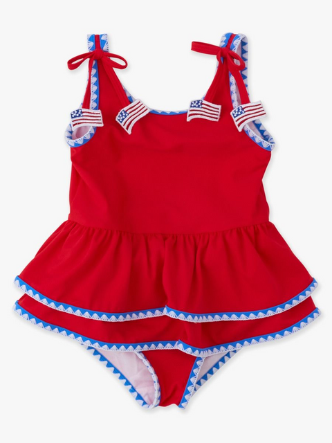 Girls Peplum One Piece Swimsuit - Vintage Red Crochet Detail