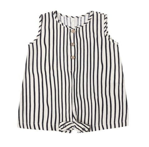 Black and white striped sleeveless top on a white background