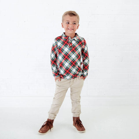 Long Sleeve Bamboo Polo - Holiday Plaid