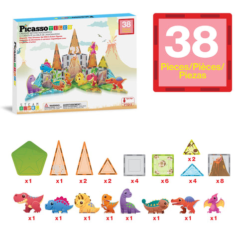 PicassoTiles Dinosaur Theme Magnetic Tile Building Set (38 Pieces)