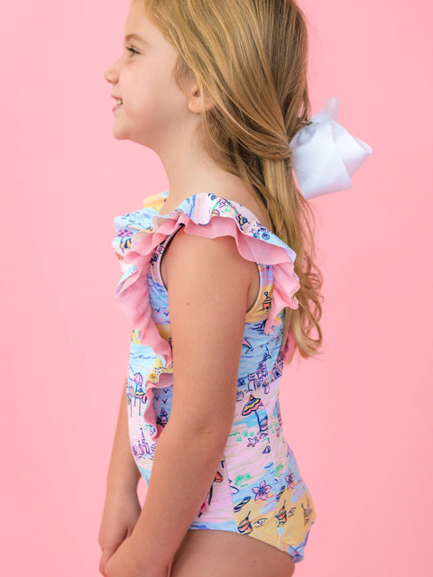 Girls Waterfall One Piece Swimsuit - Beach Day