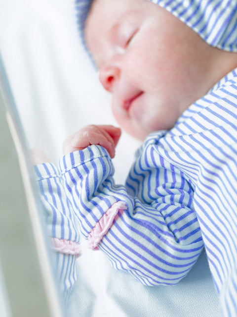 Periwinkle Blue Stripe Bamboo Knotted Ruffle Gown & Hat Set