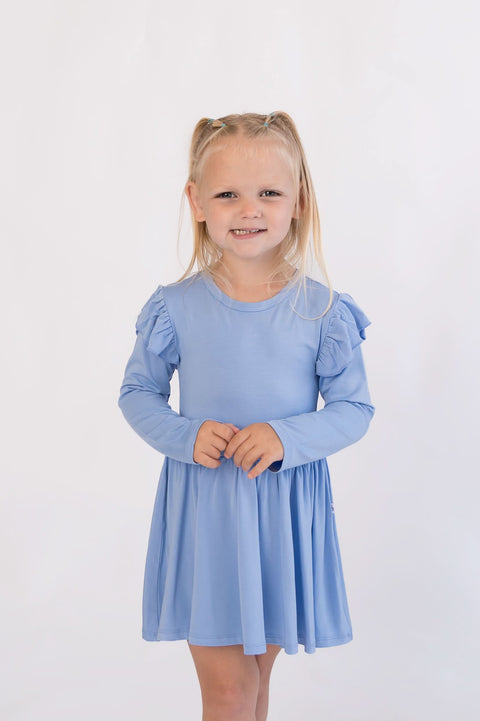 Long Sleeve Flutter Baby Bamboo Bodysuit Dress - Arctic