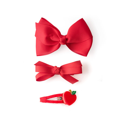 Apple & Fabric Bows Red Hair Clips - Lilies & Roses NY