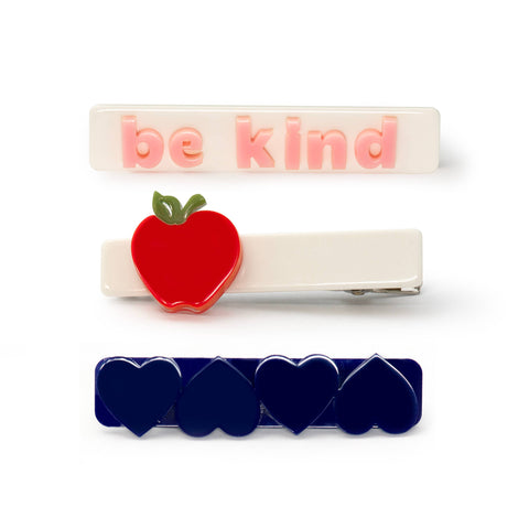 Apple Be Kind Hearts Navy Hair Clips - Lilies & Roses NY