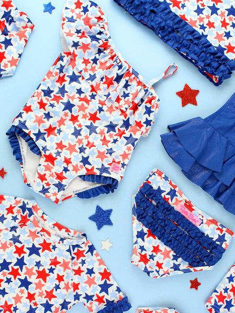 Long Sleeve One Piece Rash Guard Swimsuit - Shimmer Star-Spangled