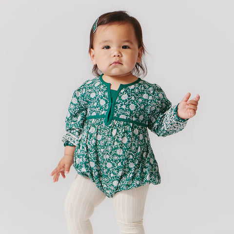 Baby Girls Jade Bubble - Green Garden Floral - Pink Chicken