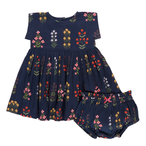 Baby Girls Marie Dress Set - Navy Field Floral - Pink Chicken