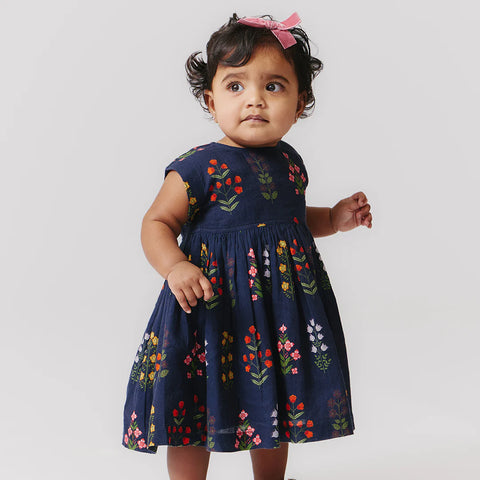 Baby Girls Marie Dress Set - Navy Field Floral - Pink Chicken