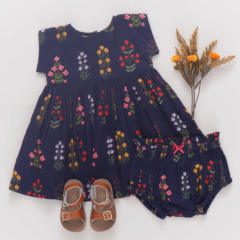 Baby Girls Marie Dress Set - Navy Field Floral - Pink Chicken