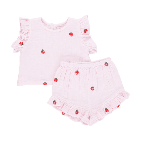 Baby Girls Roey 2-Piece Set - Strawberry Embroidery - Pink Chicken