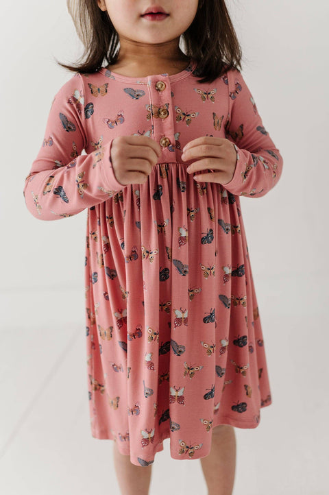 Girls Long Sleeve Henley Dress in Butterfly Bloom