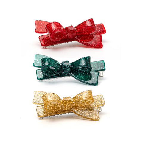 Bows Glitter Green Gold & Red Hair Clips - Lilies & Roses NY