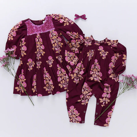 Girls Fiona Dress - Burgundy Bouquet Floral