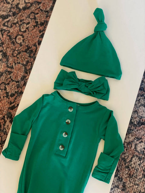 Button Knotted Gown, Hat & Headband Set - Green - Stroller Society