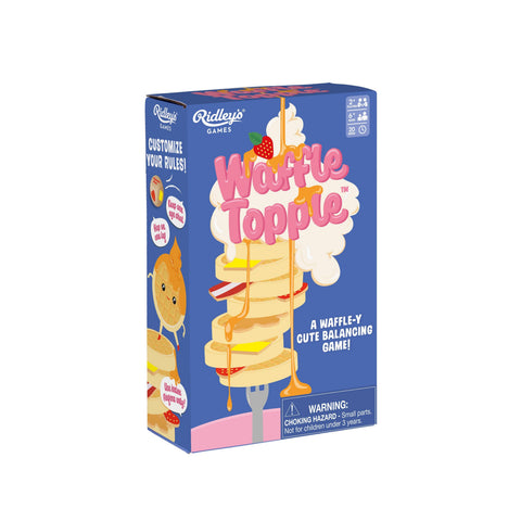Waffle Topple game box with blue background and colorful design