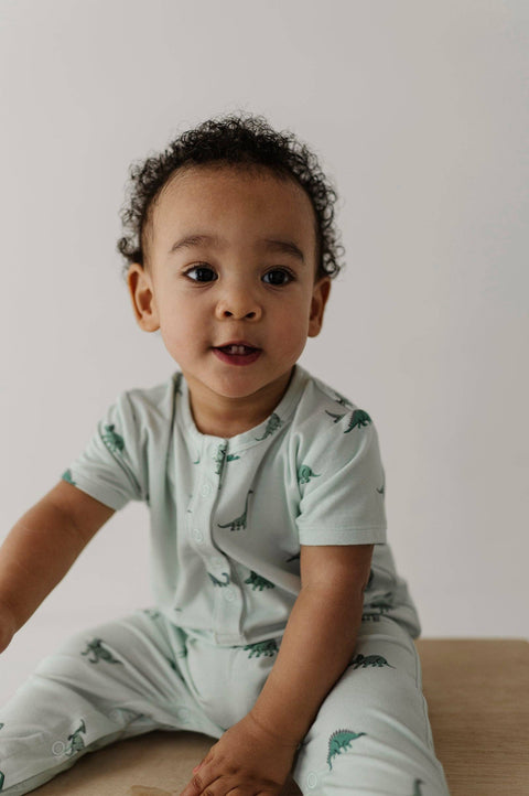 Short Sleeve Henley Romper in Dinosaur