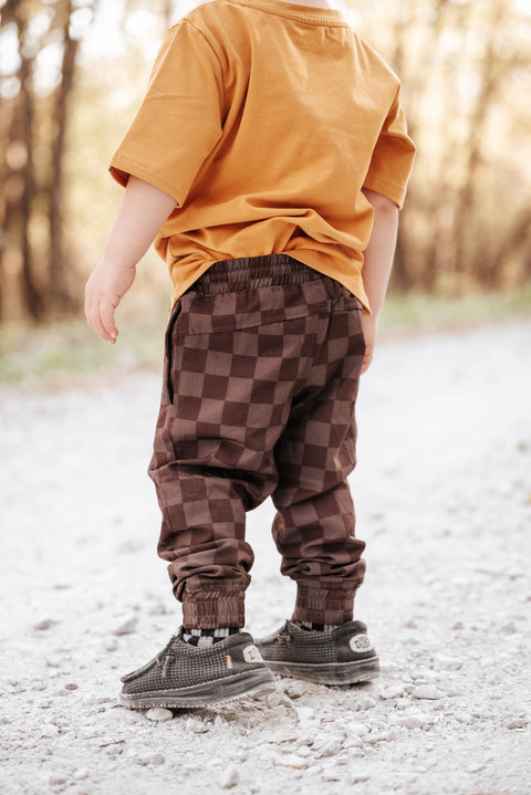 Kids Athletic Joggers: Brown Checkerboard