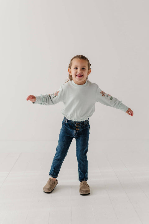 Girls Ruffle Hem Sweatshirt in Floral Sleeves Misty Blue