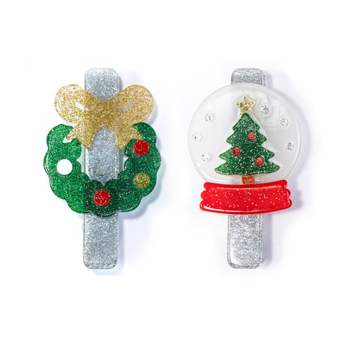 Christmas Wreath & Snow Globe Holiday Hair Clips - Lilies & Roses NY