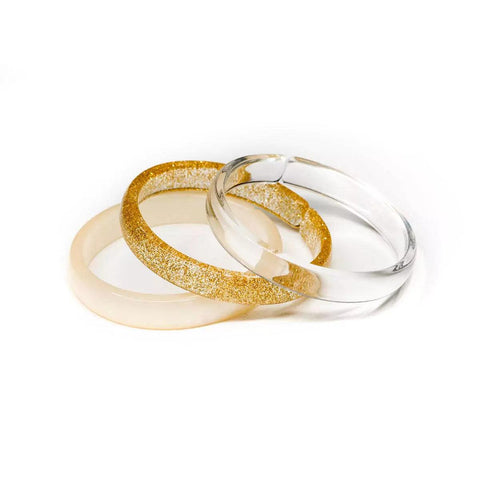 Clear, Glitter Gold, and Pearlized Gold Bangle Bracelet Set - Lilies & Roses NY