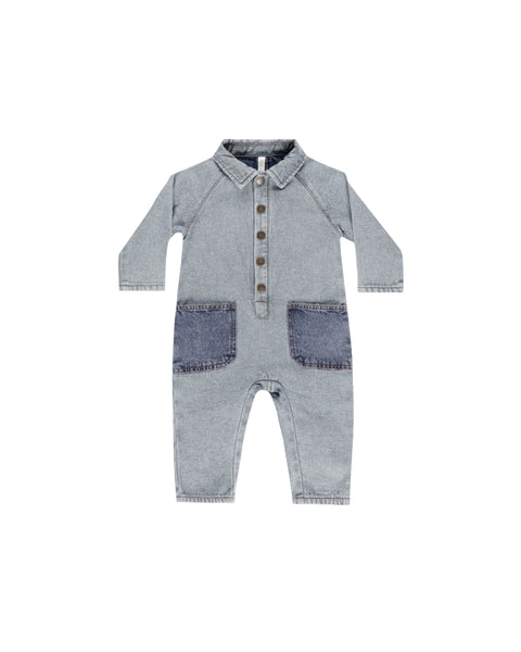 Collared Baby Jumpsuit | Light Washed Denim - Rylee + Cru