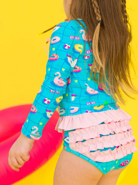 Long Sleeve Rash Guard 2-Piece Swimsuit - Neon Pool Party