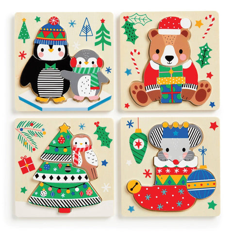 Set of 4 Wood Puzzles for Kids - Festive Friends