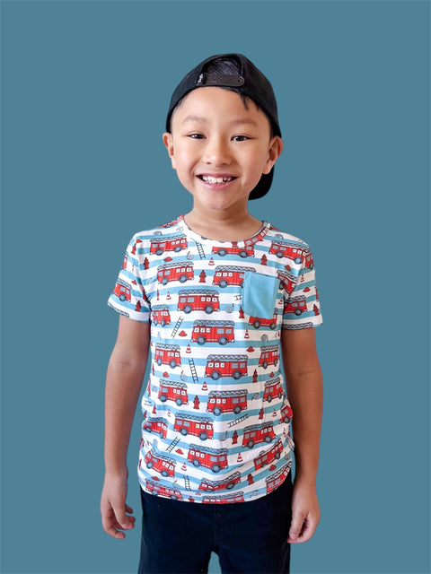 Kids Bamboo Pocket Tee - Firetruck Frenzy