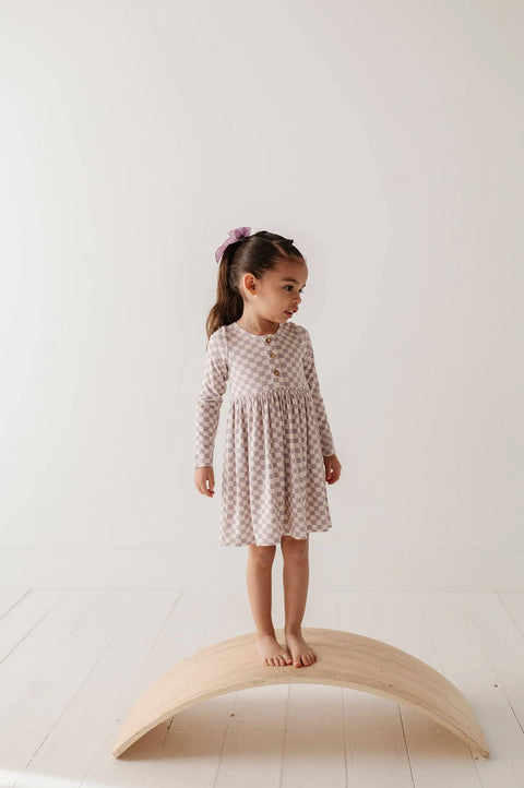 Long Sleeve Henley Dress - Lavender Checkered
