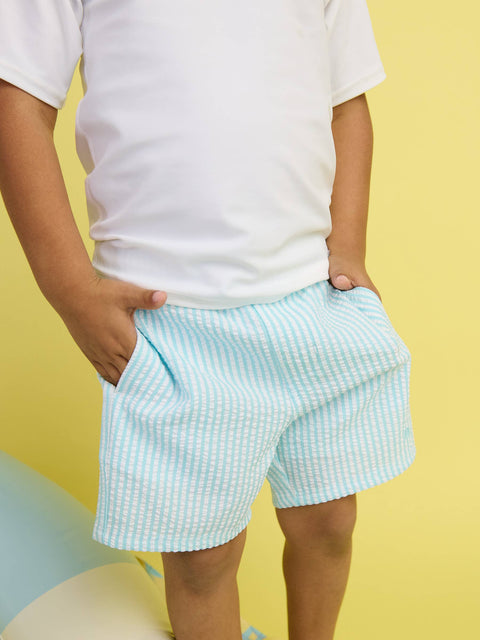 Boys Seersucker Performance Hybrid Swim Trunks - Blue Breeze