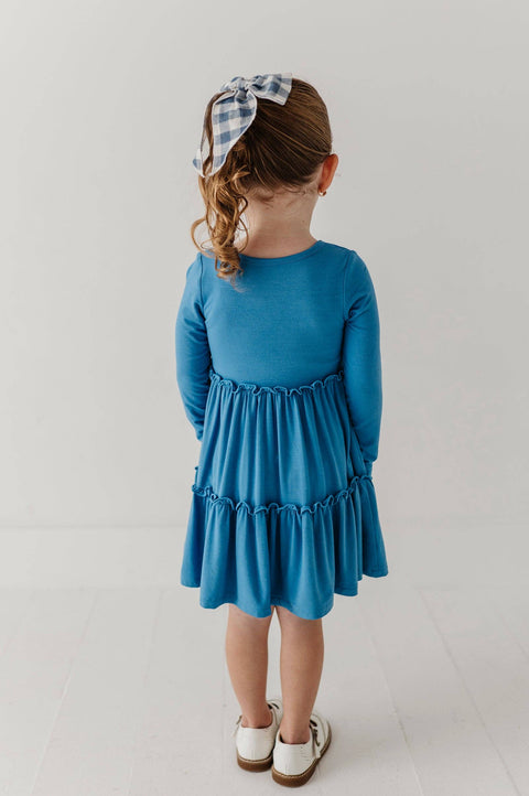 Girls Long Sleeve Double Tiered Dress in Stonewash