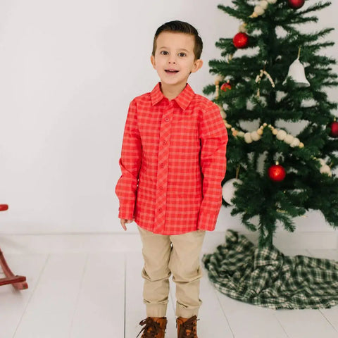 Boys Button Down Shirt - Red Picnic Plaid