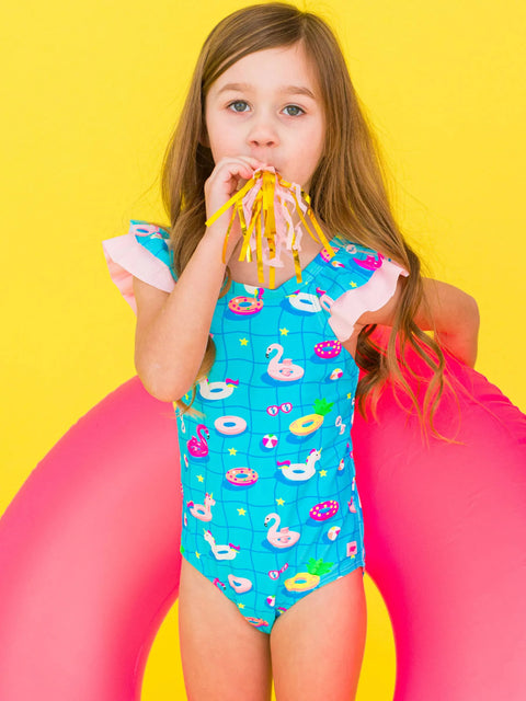 Bow V-Back One Piece Swimsuit - Neon Pool Party