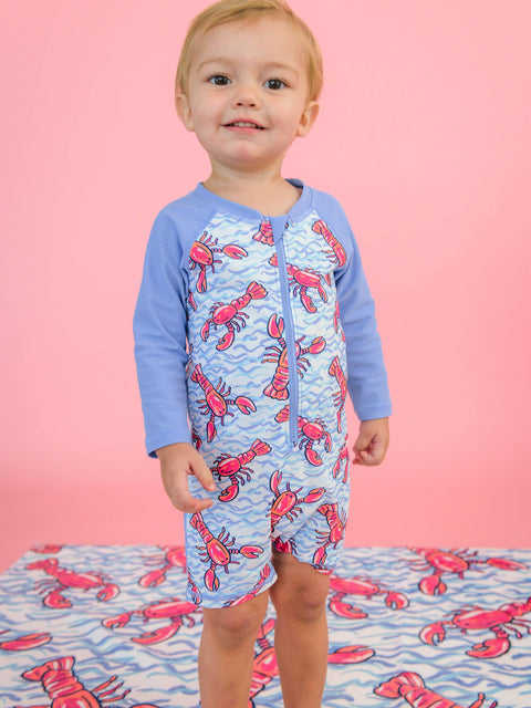 Baby Boys Long Sleeve One Piece Rash Guard Swimsuit - Blue Lobster Lagoon